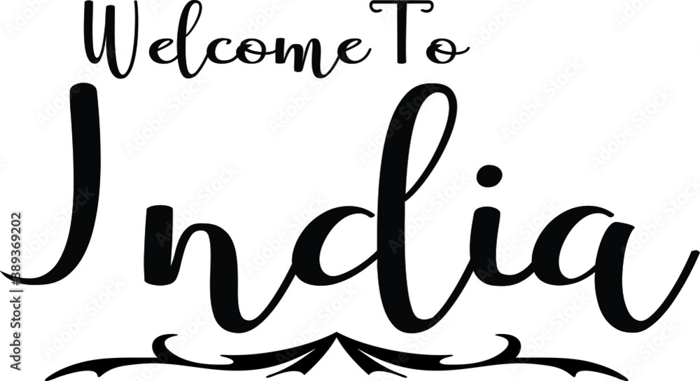 To India Cursive Calligraphy Country Name Black Color Text on