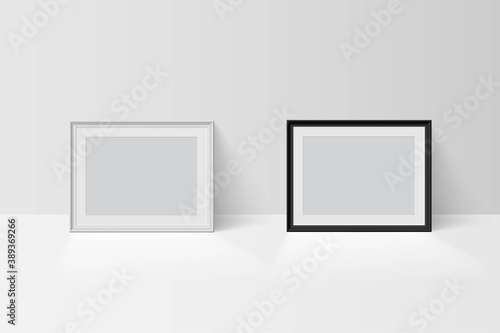 Realistic vector 3d empty blank black and white simple frame mockup templates isolated on light background. Picture or photo framing mats with border shadow. Gallery, home design interior.
