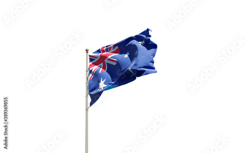 Beautiful national state flag of Australia on white background. Isolated close-up flag 3D artwork.