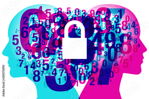 A male and female side silhouette positioned back to back, overlaid with various sized semi-transparent numbers. Overlaid with a solid white locked padlock icon.