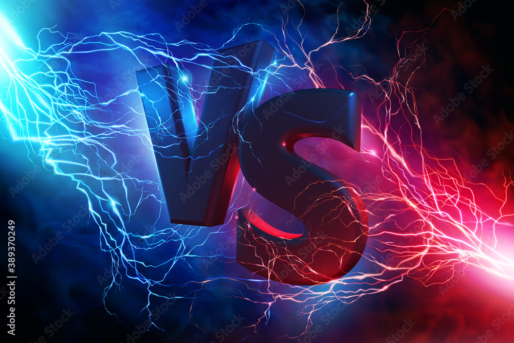 Vecteur Stock Neon versus logo, vs letters for sports and fight  competition. Battle vs match, game concept competitive. Resistance symbol.  Collision of two forces, flash, lightning, against a dark, foggy background