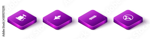 Set Isometric Car air pump, Funnel and oil drop, Shock absorber and Steering wheel icon. Vector.