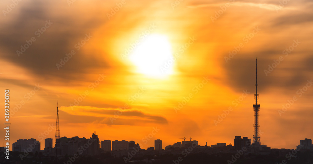 Modern city sunset panorama with cityscape and sunset sky