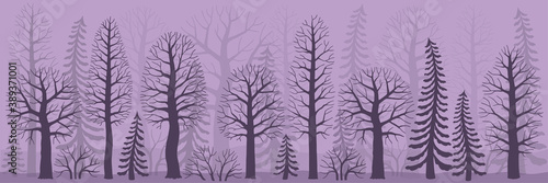 Mysterious forest in the fog. Vector silhouette trees and spruces and bushes isolated on purple background. Branches without leaves. Forest elements for design
