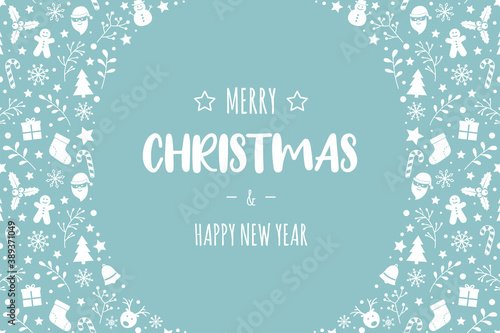 Christmas greeting card with festive decorations. Xmas wishes. Vector