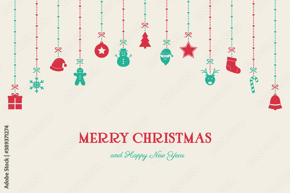 Concept of Christmas card with festive elements and greetings. Xmas decoration. Vector