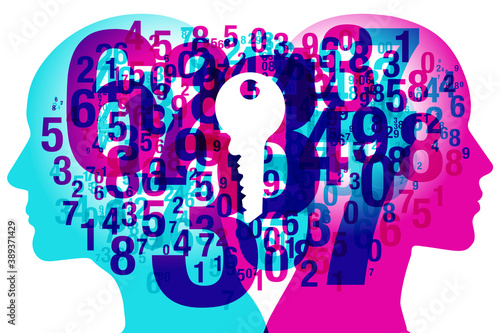 A male and female side silhouette positioned back to back, overlaid with various sized semi-transparent numbers. Overlaid with a solid white “Key” icon.