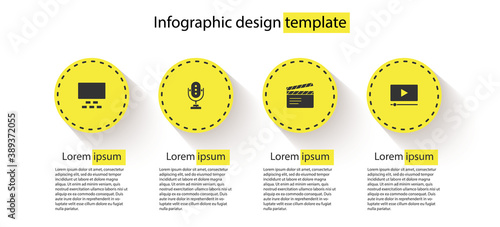 Set Cinema auditorium with seats, Microphone, Movie clapper and Online play video. Business infographic template. Vector.