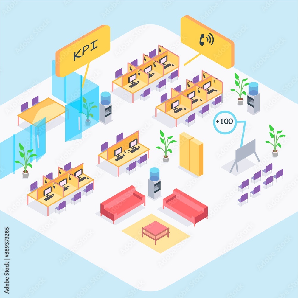 Workstation of a call center operator, office employee. Vector isometric illustration. Logo icon concept design. Work place.
Technical support, hotline, bank. training, services, business. Background