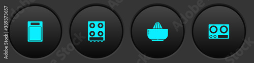 Set Cutting board, Gas stove, Citrus fruit juicer and icon. Vector.