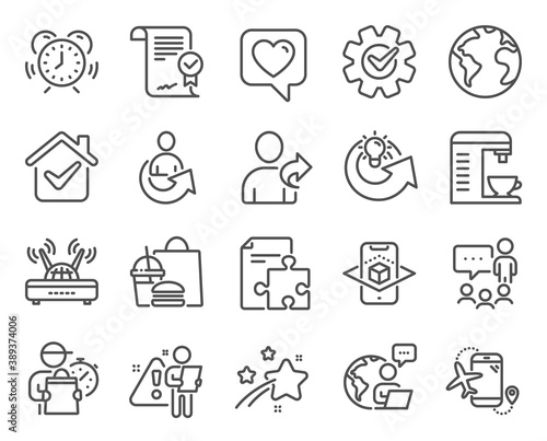 Technology icons set. Included icon as World planet, Refer friend, Heart signs. Augmented reality, Time management, Cogwheel symbols. Strategy, Wifi, Share. Coffee machine, People chatting. Vector