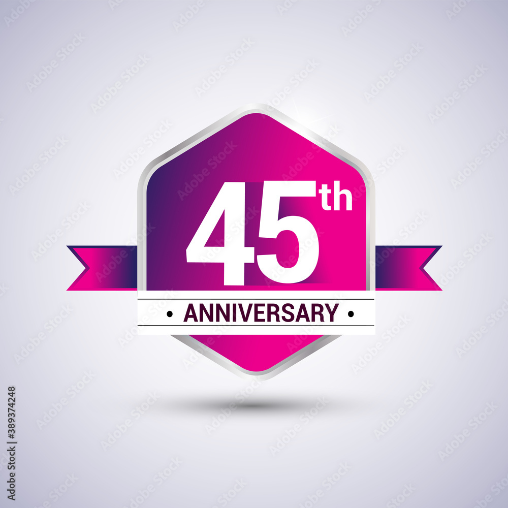 Logo 45th anniversary celebration isolated in red hexagon shape and red ribbon colored, vector design. Logo 45th anniversary celebration isolated in red hexagon shape and red ribbon colored, vector design.