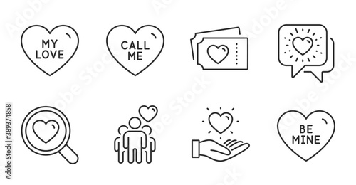Call me, Friendship and Friends chat line icons set. Hold heart, Love tickets and Search love signs. Be mine symbol. Trust friends, Friendship, Valentine day. Love set. Quality line icons. Vector
