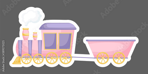Cartoon pink train for design of notebook, cards, invitation. Cute sticker template decorated with cartoon image. Colorful train in flat style, simple design. Flat vector stock illustration.