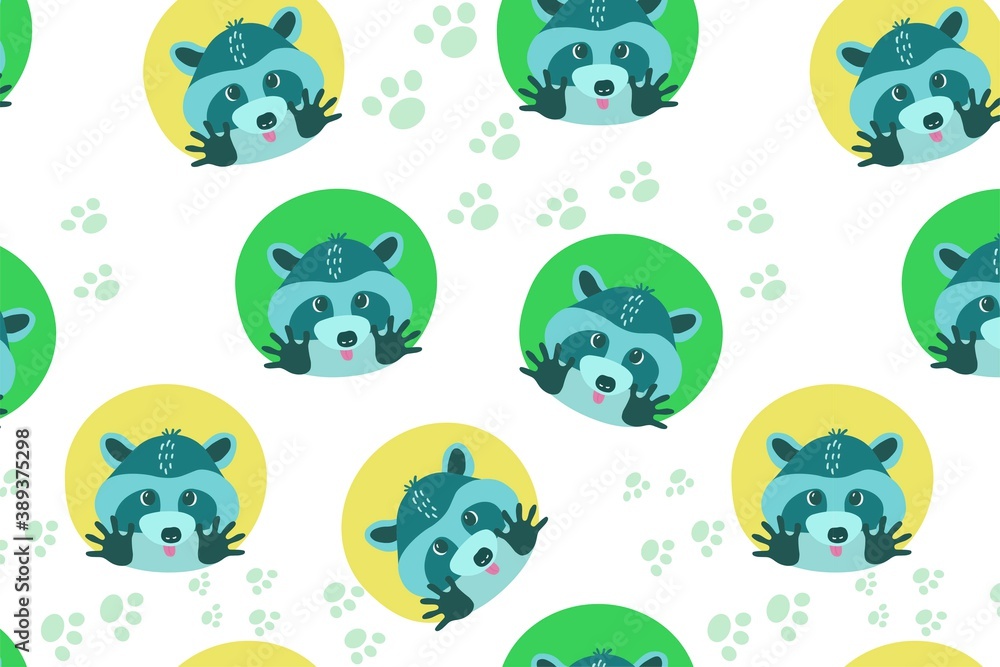 Obraz premium Seamless pattern with cute little funny raccoon. Print for wrapping paper. Cover children books textile cloth. Vector flat illustration cartoon. Design and advertising. Animal pulls his paws, laughs