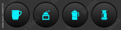 Set Coffee cup, Manual coffee grinder, French press and Aeropress icon. Vector.