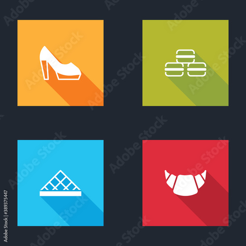 Set Woman shoe, Macaron cookie, Louvre museum and Croissant icon. Vector.