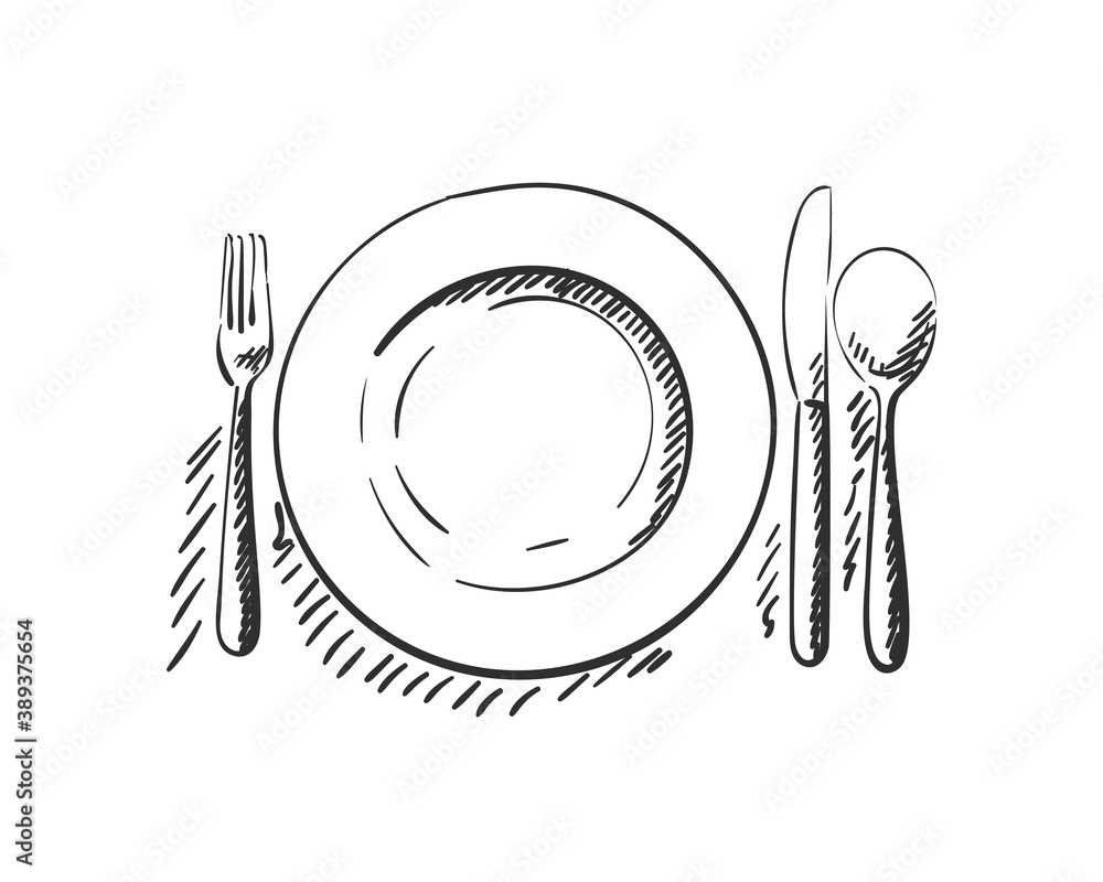 Cutlery, Empty plate with spoon, knife and fork Vector sketch top view ...