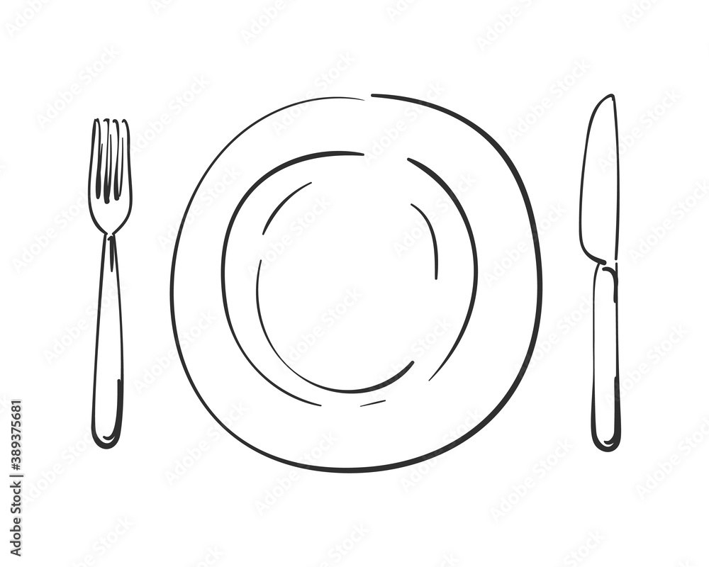 Cutlery, Empty plate, knife and fork Vector linear sketch top view  isolated, Kitchen dining utensils, Hand drawn black line on white  background Stock Vector | Adobe Stock