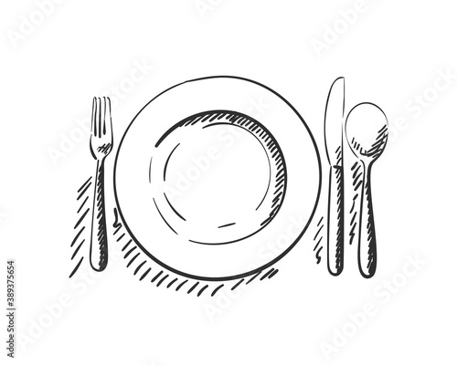 Cutlery, Empty plate with spoon, knife and fork Vector sketch top view isolated, Kitchen utensils, Hand drawn black on white background
