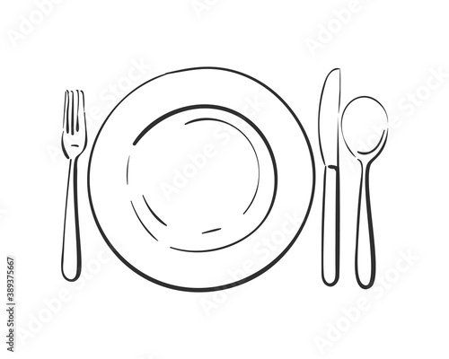 Cutlery, Empty plate with spoon, knife and fork Vector linear sketch top view isolated, Kitchen utensils, Hand drawn black line on white background