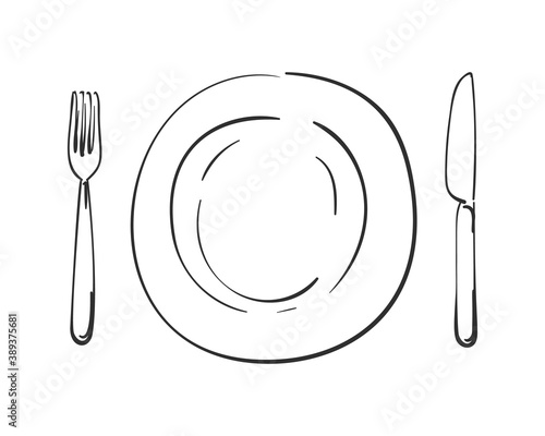 Cutlery, Empty plate, knife and fork Vector linear sketch top view isolated, Kitchen dining utensils, Hand drawn black line on white background