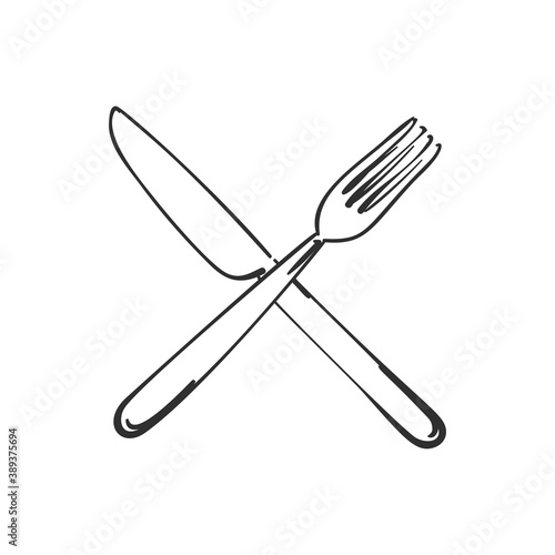 Vector cutlery, Fork and knife crossed linear sketch isolated pictogram, Kitchen dining utensils, Hand drawn black on white background