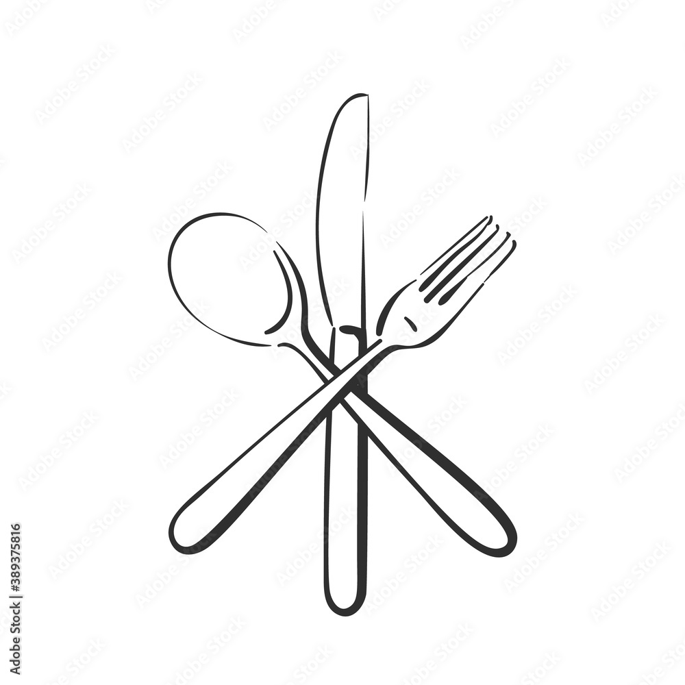 Dining cutlery, spoon, knife and fork crossed Vector linear sketch isolated, Kitchen utensils, Hand drawn black line object on white background Dining cutlery, spoon, knife and fork crossed Vector linear sketch isolated, Kitchen utensils, Hand drawn black line object on white background