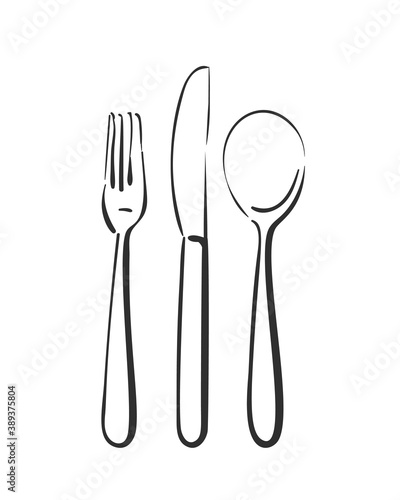 Dining cutlery, spoon, knife and fork Vector linear sketch isolated, Kitchen utensils, Hand drawn object in black line on white background