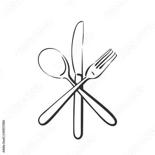 Dining cutlery, spoon, knife and fork crossed Vector linear sketch isolated, Kitchen utensils, Hand drawn black line object on white background