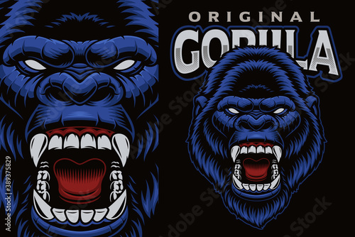 A colorful vector emblem with a gorilla, this design can be used as a shirt print as well as a logotype.