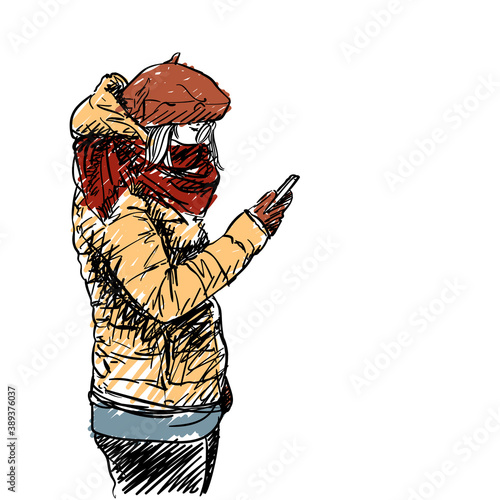 Casual girl in warm winter clothes standing and looking her smartphone. City people vector sketch, Hand drawn colored illustration. Beret, large scarf and down jacket fashion