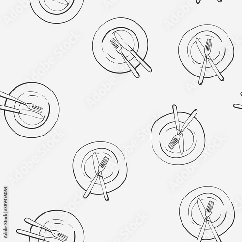 Fork and knife on empty plate seamless pattern, Vector linear sketch top view cutlery, Kitchen dining background, Hand drawn