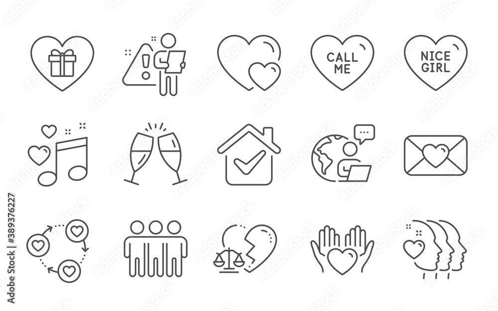 Nice girl, Romantic gift and Friends community line icons set. Hearts, Hold heart and Love music signs. Friends couple, Call me and Valentine symbols. Line icons set. Vector Nice girl, Romantic gift and Friends community line icons set. Hearts, Hold heart and Love music signs. Friends couple, Call me and Valentine symbols. Line icons set. Vector