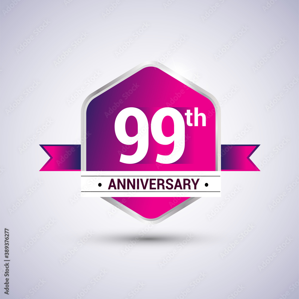 Logo 99th anniversary celebration isolated in red hexagon shape and red ribbon colored, vector design. Logo 99th anniversary celebration isolated in red hexagon shape and red ribbon colored, vector design.