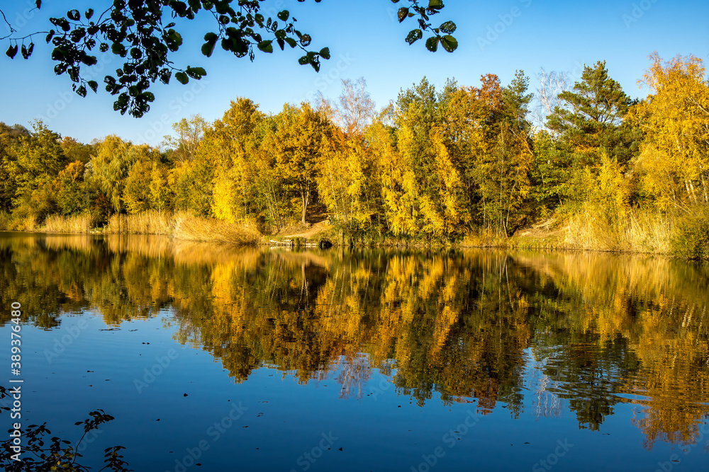 A beautiful little lake called Schnepfensee in Germany at a sunny day in Autumn with a colorful forest reflecting in the water. A beautiful little lake called Schnepfensee in Germany at a sunny day in Autumn with a colorful forest reflecting in the water.
