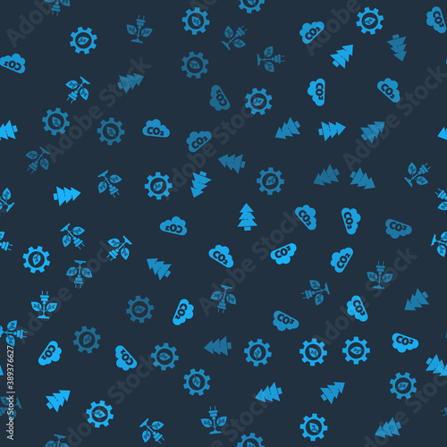Set Leaf plant in gear machine, CO2 emissions cloud, Christmas tree and Electric saving plug leaf on seamless pattern. Vector.