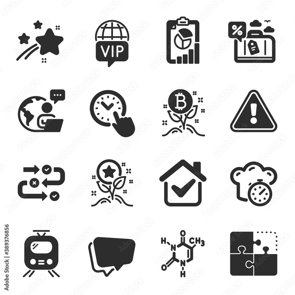 Set of Technology icons, such as Survey progress, Loyalty points, Cooking timer symbols. Report, Vip internet, Time management signs. Puzzle, Bitcoin project, Travel loan. Speech bubble. Vector