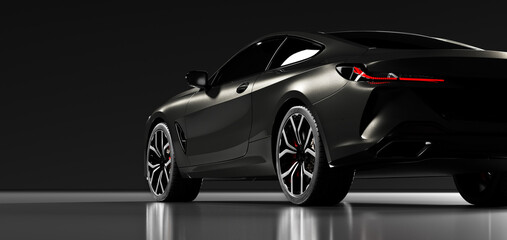 Rear view of modern black premium car in studio light