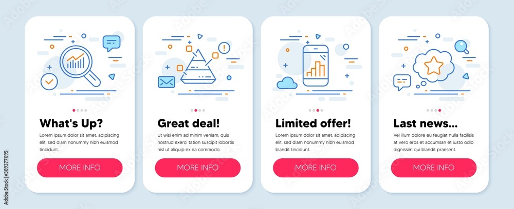 Set of Finance icons, such as Graph phone, Data analysis, Pyramid chart symbols. Mobile screen app banners. Loyalty star line icons. Mobile statistics, Magnifying glass, Report analysis. Vector