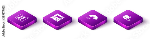 Set Isometric Algar waterfall, House Edificio Mirador, Fan flamenco and Orange fruit icon. Vector.