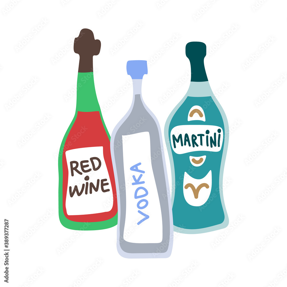 Collection of bottles of strong alcohol. Vodka, red wine and martini. Party drinks concept. Hand draw cartoon isolated illustration on white background. Doodle line graphic design. Freehand drawing Collection of bottles of strong alcohol. Vodka, red wine and martini. Party drinks concept. Hand draw cartoon isolated illustration on white background. Doodle line graphic design. Freehand drawing