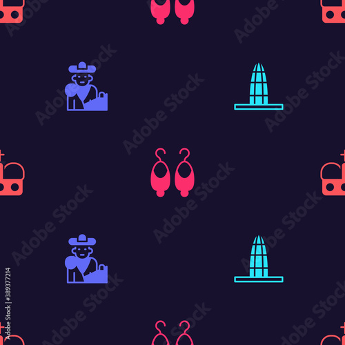 Set Agbar tower, Bullfight, matador, Earrings and Crown of spain on seamless pattern. Vector.
