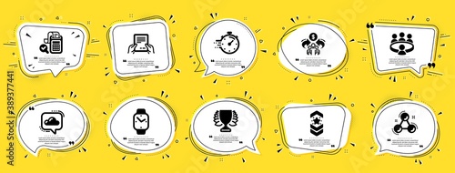 Education icons set. Speech bubble offer banners. Yellow coupon badge. Included icon as Meeting, Smartwatch, Shoulder strap signs. Timer, Winner, Cloud communication symbols. Vector