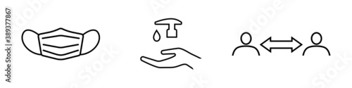 Set of Covid-19 related line icons. Protective face mask, hand sanitizer and social distancing. Vector Illustration