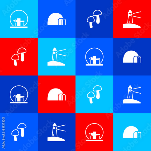 Set Montreal Biosphere, Igloo ice house, Mushroom and Lighthouse icon. Vector.