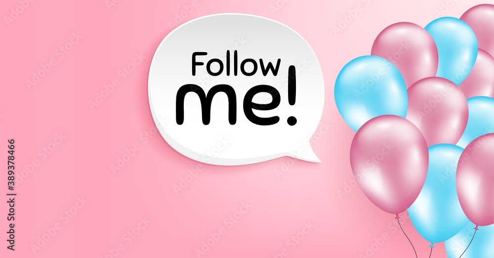 Follow me symbol. Pink balloon vector background. Special offer sign. Super offer. Birthday balloon background. Follow me speech bubble. Celebrate pink banner. Vector