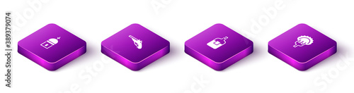 Set Isometric Church tower, Vintage pistols, Bottle of vodka and Dumplings on fork icon. Vector.
