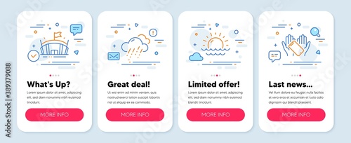 Set of Business icons, such as Arena, Sunset, Rainy weather symbols. Mobile app mockup banners. Smartphone holding line icons. Sport stadium, Sunny weather, Rain. Phone. Arena icons. Vector