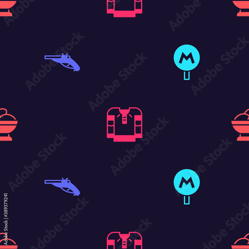Set Metro or Underground, Vintage pistols, Embroidered shirt and Varenyky bowl on seamless pattern. Vector.